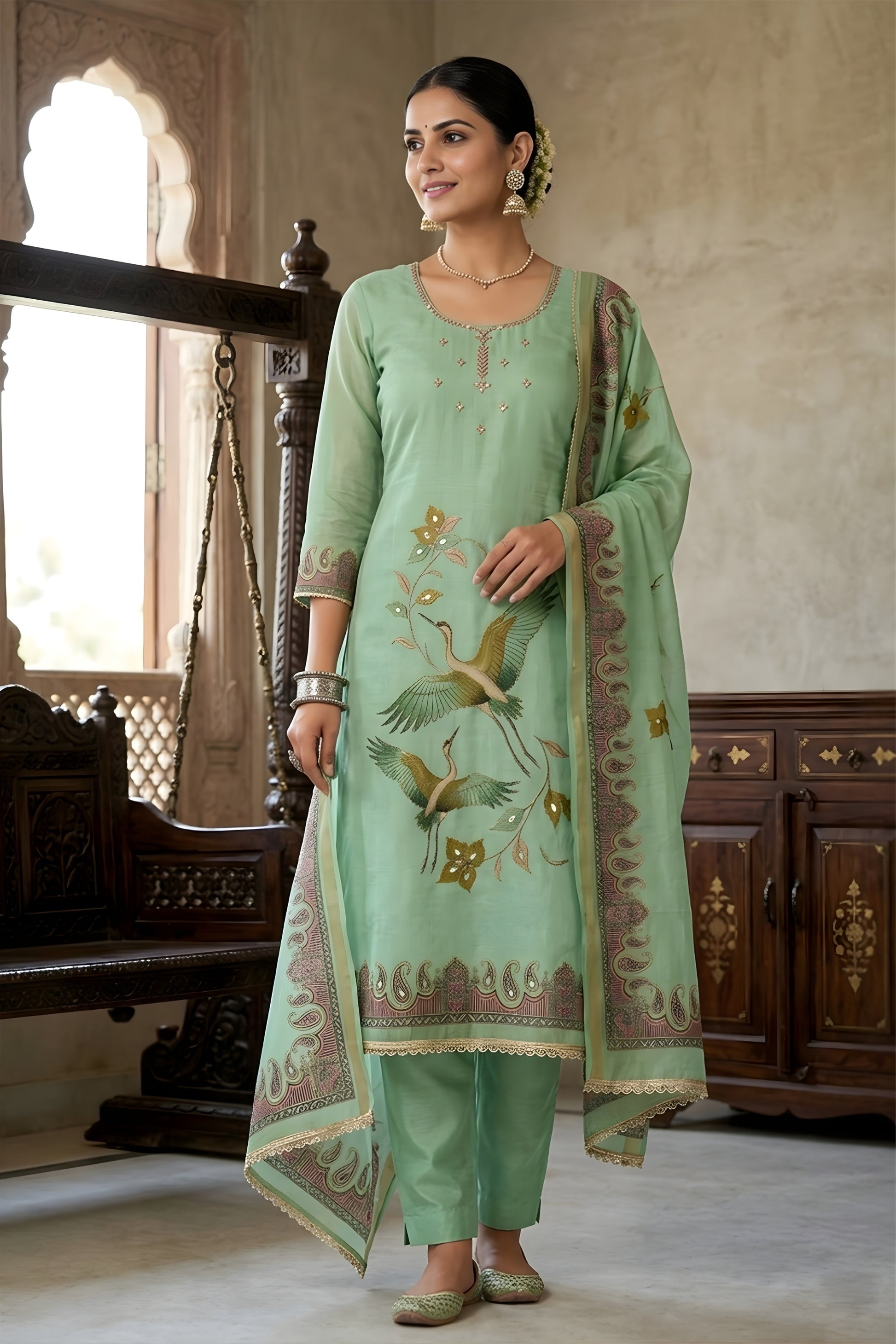  Beautiful Pista Green Linen Cotton Printed Semi-Stitched Straight Salwar Suit with Dupatta