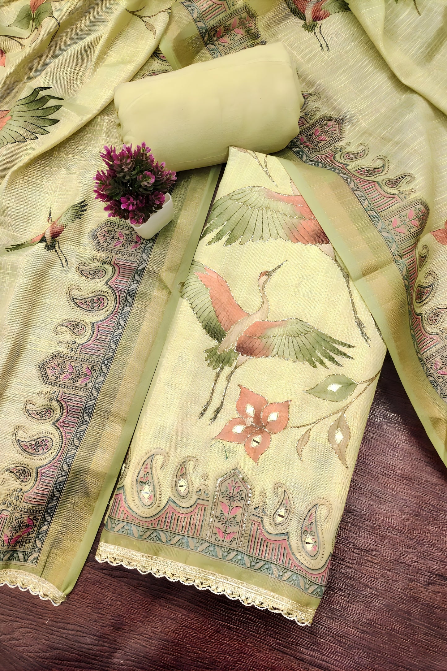 Stylish Olive Green Linen Cotton Printed Semi-Stitched Straight Salwar Suit with Dupatta