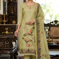 Stylish Olive Green Linen Cotton Printed Semi-Stitched Straight Salwar Suit with Dupatta
