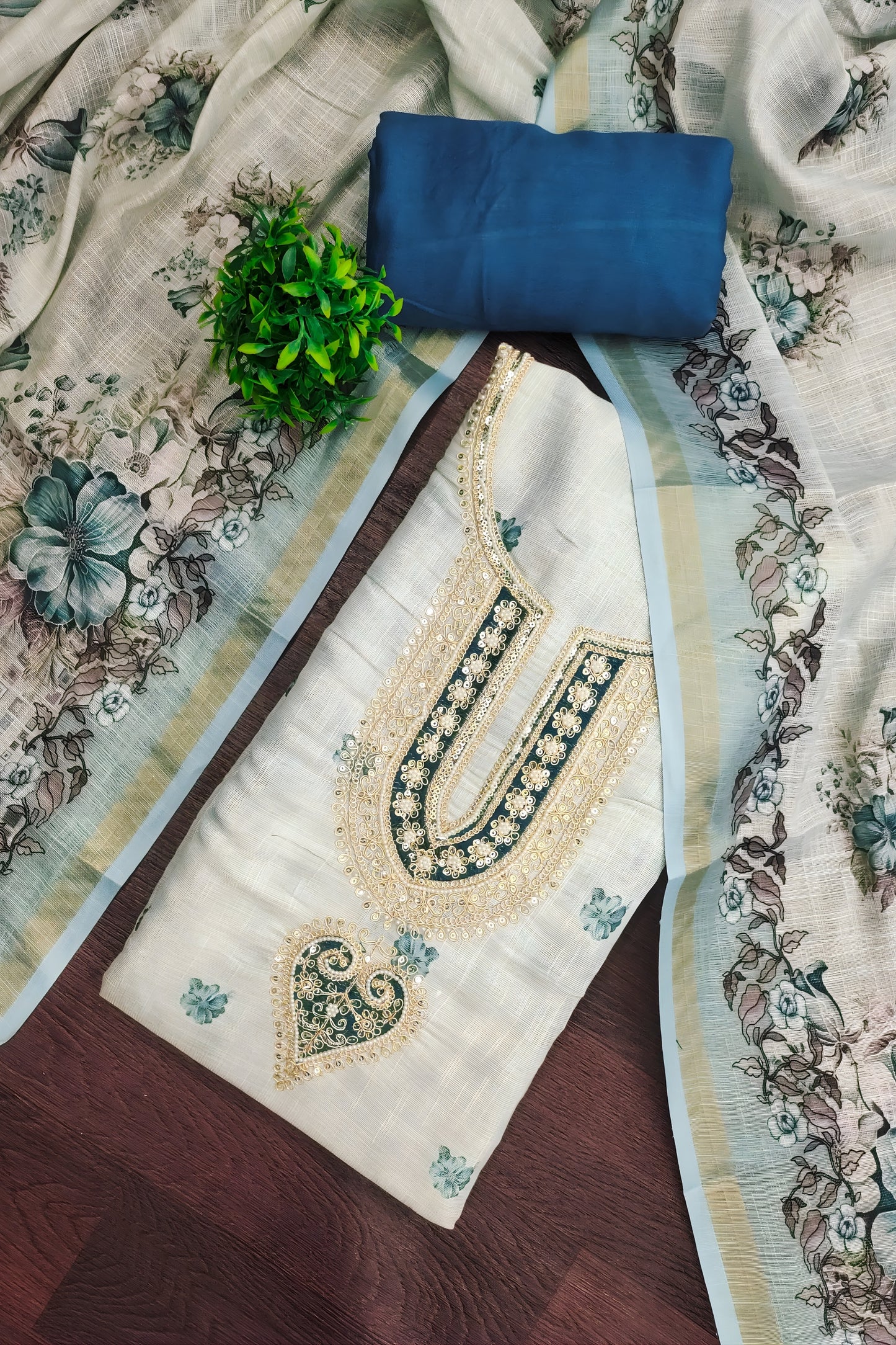 Trendy Off White Linen Cotton Floral Printed Semi-Stitched Straight Salwar Suit with Dupatta