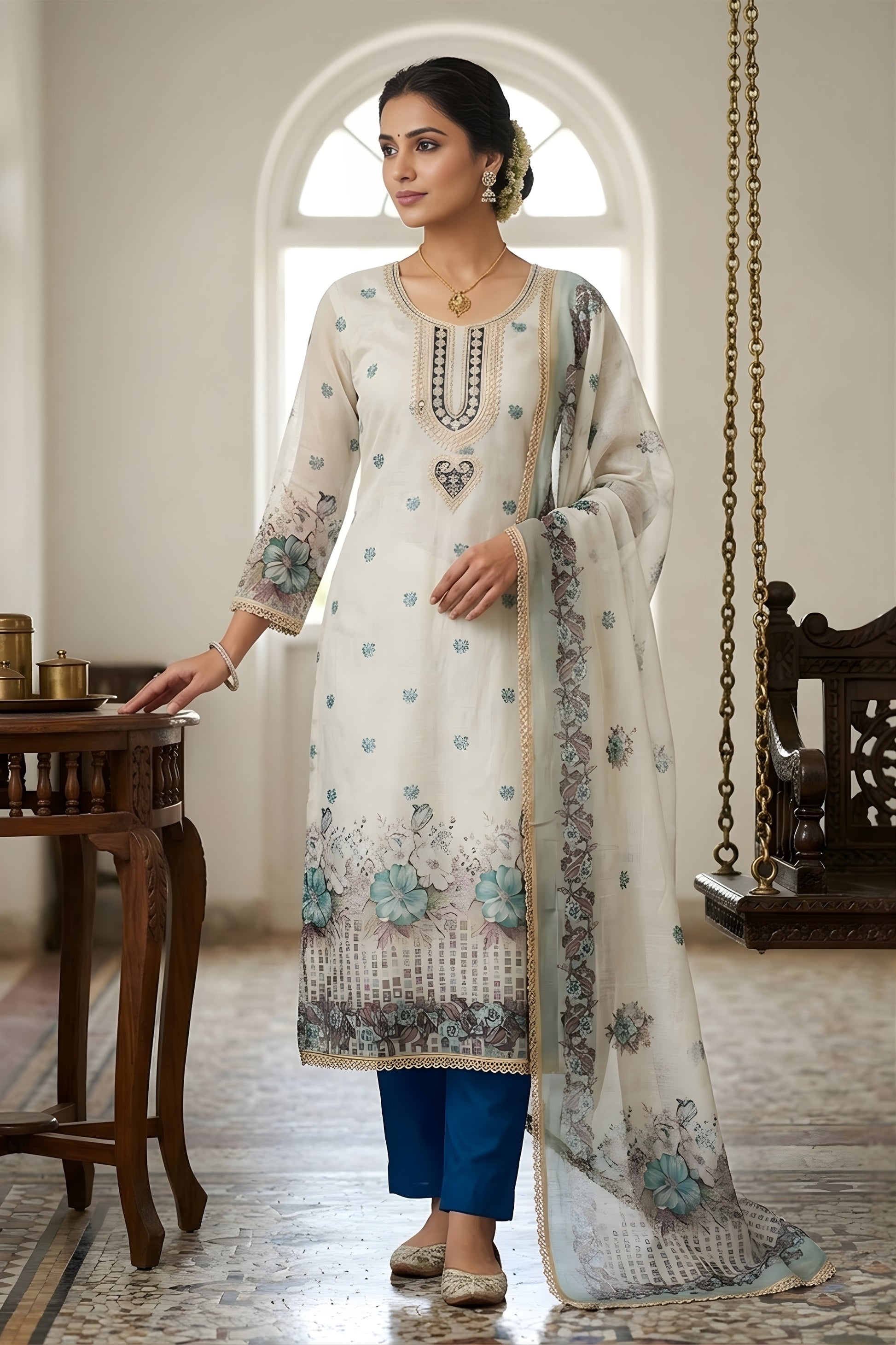 Trendy Off White Linen Cotton Floral Printed Semi-Stitched Straight Salwar Suit with Dupatta