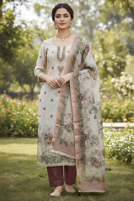 Fancy Off White Linen Cotton Floral Printed Semi-Stitched Straight Salwar Suit with Dupatta