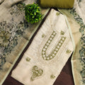Stunning Off White and Olive Green Linen Cotton Floral Printed Semi-Stitched Straight Salwar Suit with Dupatta