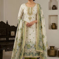 Stunning Off White and Olive Green Linen Cotton Floral Printed Semi-Stitched Straight Salwar Suit with Dupatta