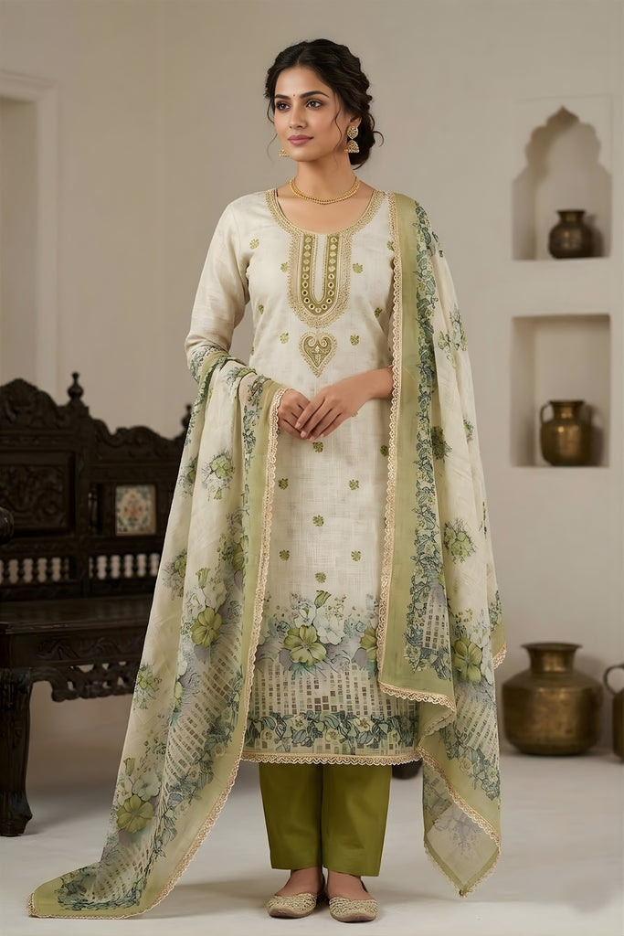 Stunning Off White and Olive Green Linen Cotton Floral Printed Semi-Stitched Straight Salwar Suit with Dupatta