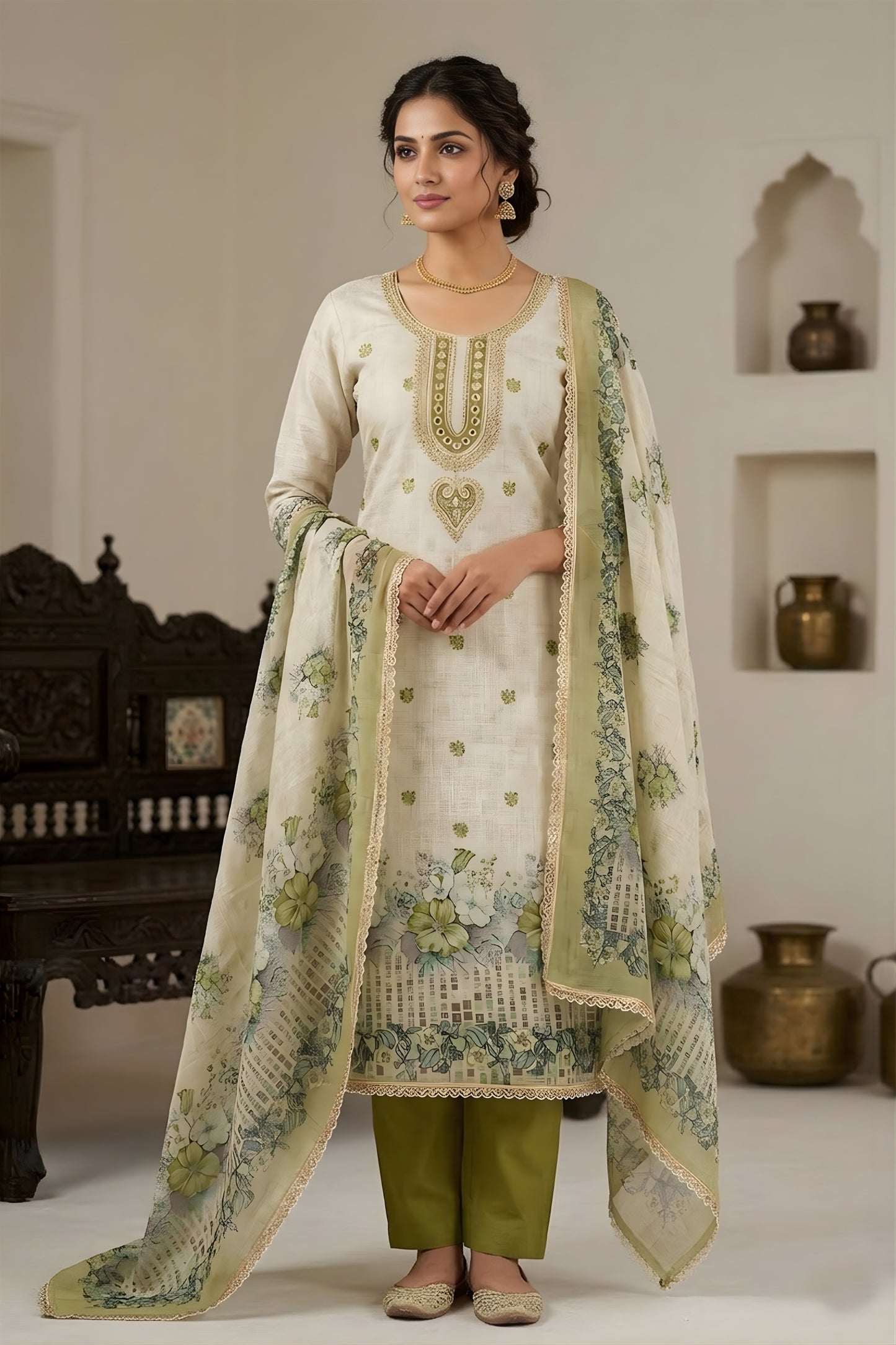 Stunning Off White and Olive Green Linen Cotton Floral Printed Semi-Stitched Straight Salwar Suit with Dupatta