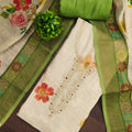 Delicate Off White Linen Cotton Floral Printed Semi-Stitched Straight Salwar Suit with Dupatta