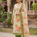 Delicate Off White Linen Cotton Floral Printed Semi-Stitched Straight Salwar Suit with Dupatta