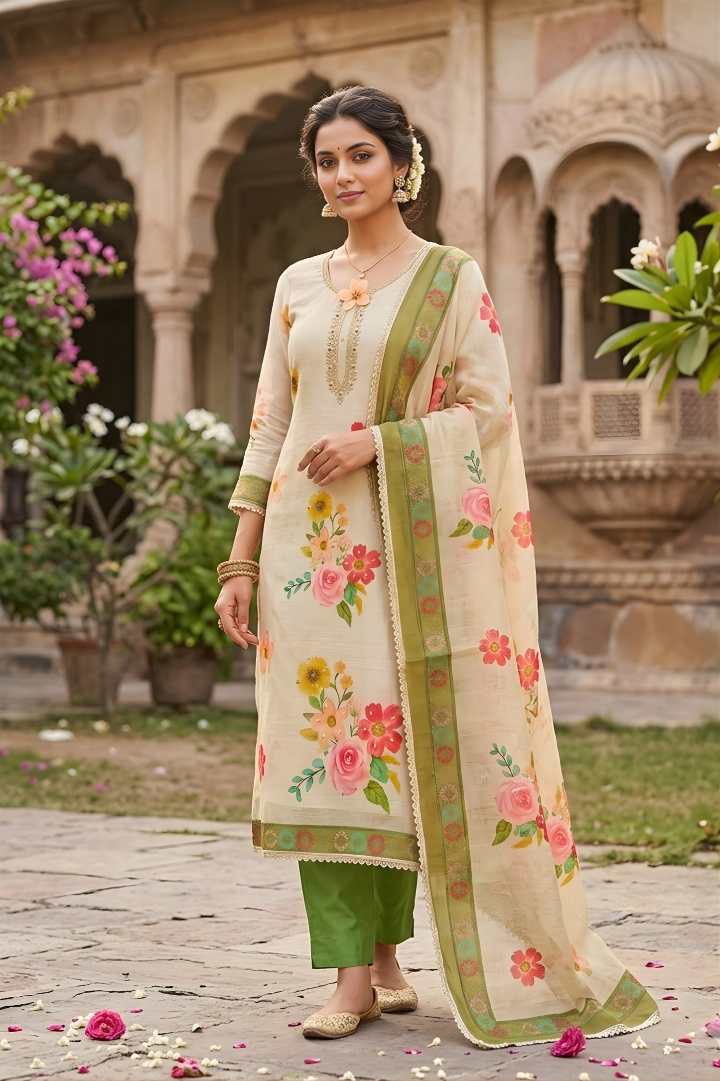 Delicate Off White Linen Cotton Floral Printed Semi-Stitched Straight Salwar Suit with Dupatta