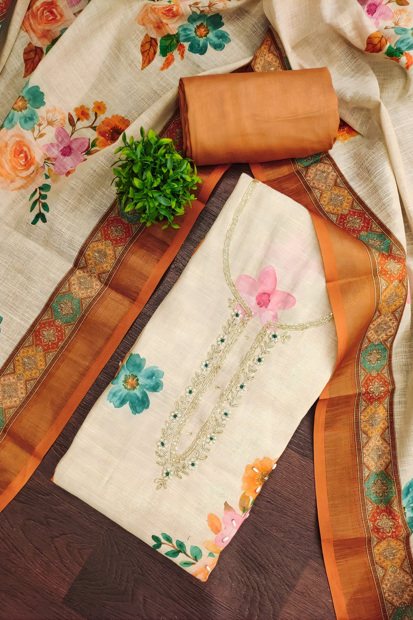 Charming Off White Linen Cotton Floral Printed Semi-Stitched Straight Salwar Suit with Dupatta