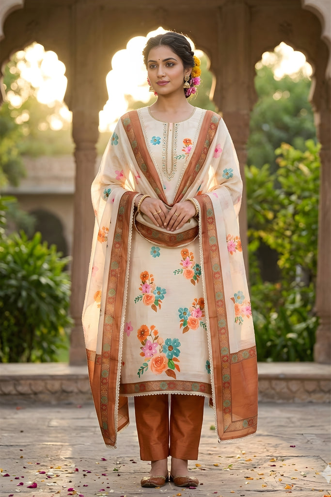 Charming Off White Linen Cotton Floral Printed Semi-Stitched Straight Salwar Suit with Dupatta (Copy)