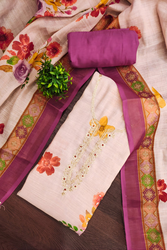 Lovely Peach Linen Cotton Floral Printed Semi-Stitched Straight Salwar Suit with Dupatta
