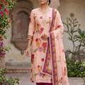 Lovely Peach Linen Cotton Floral Printed Semi-Stitched Straight Salwar Suit with Dupatta