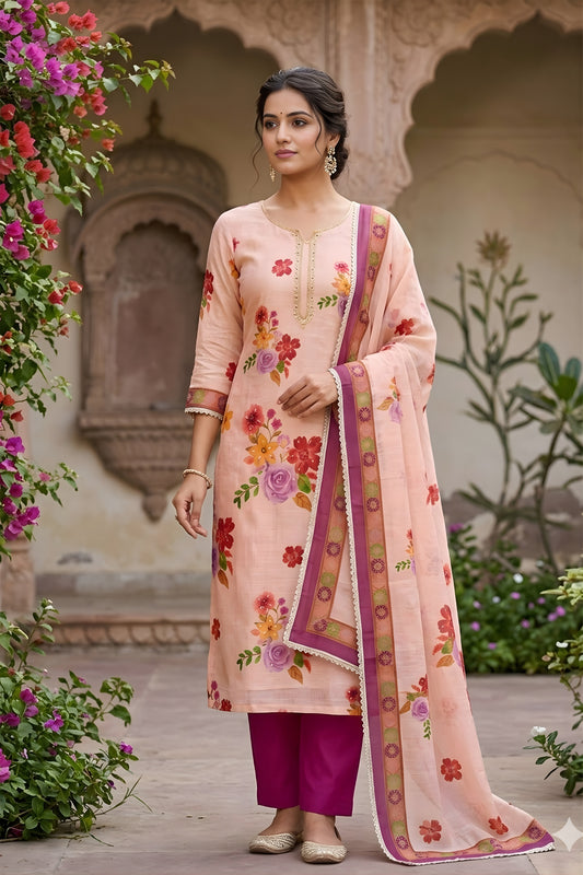 Lovely Peach Linen Cotton Floral Printed Semi-Stitched Straight Salwar Suit with Dupatta