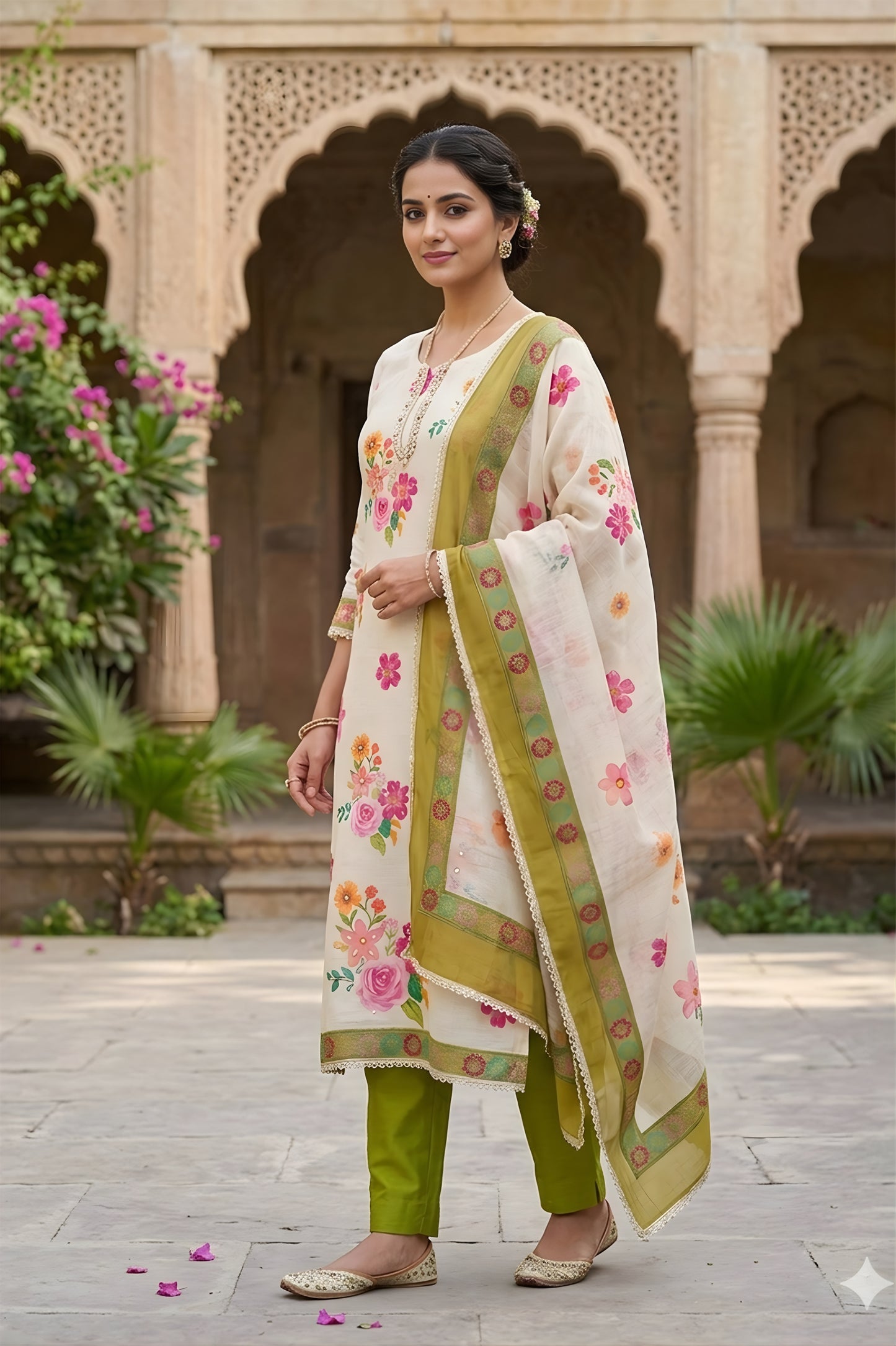 Admiring Off White Linen Cotton Floral Printed Semi-Stitched Straight Salwar Suit with Dupatta