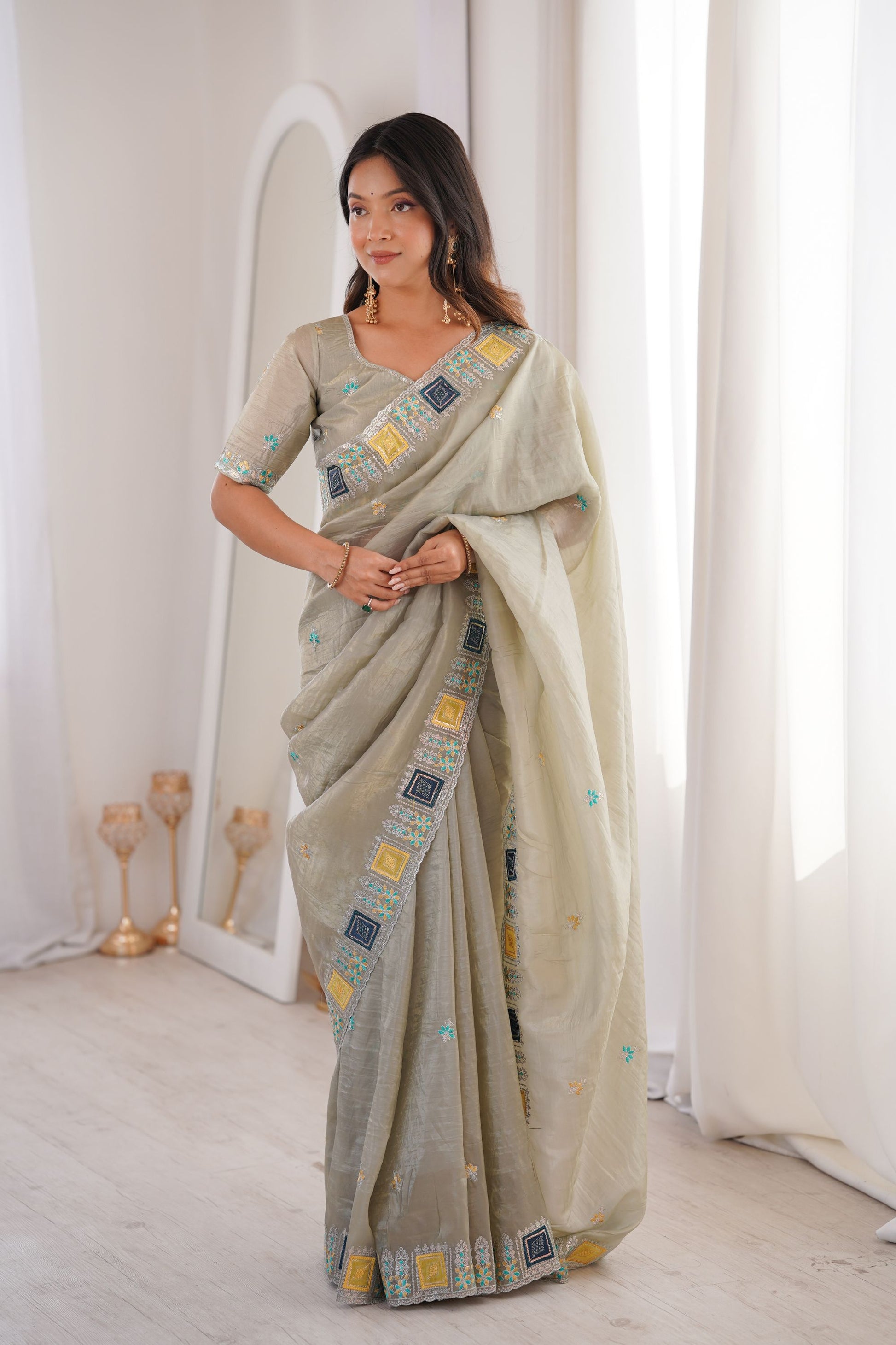  Olive Green Embroidered Saree Party Wear Saree Designer Border 