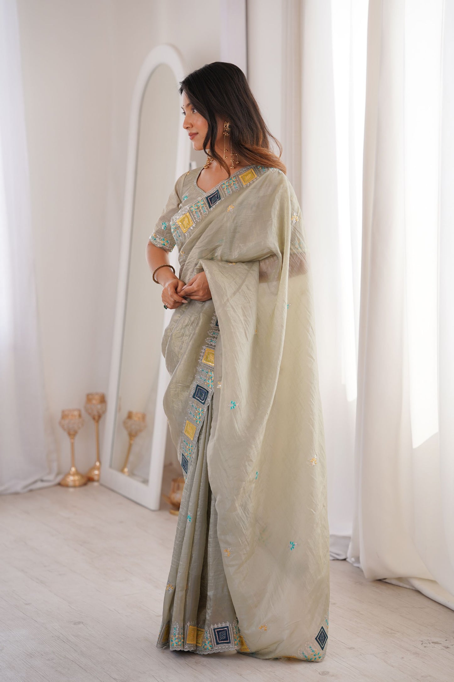 Olive Green Embroidered Saree Party Wear Saree Designer Border