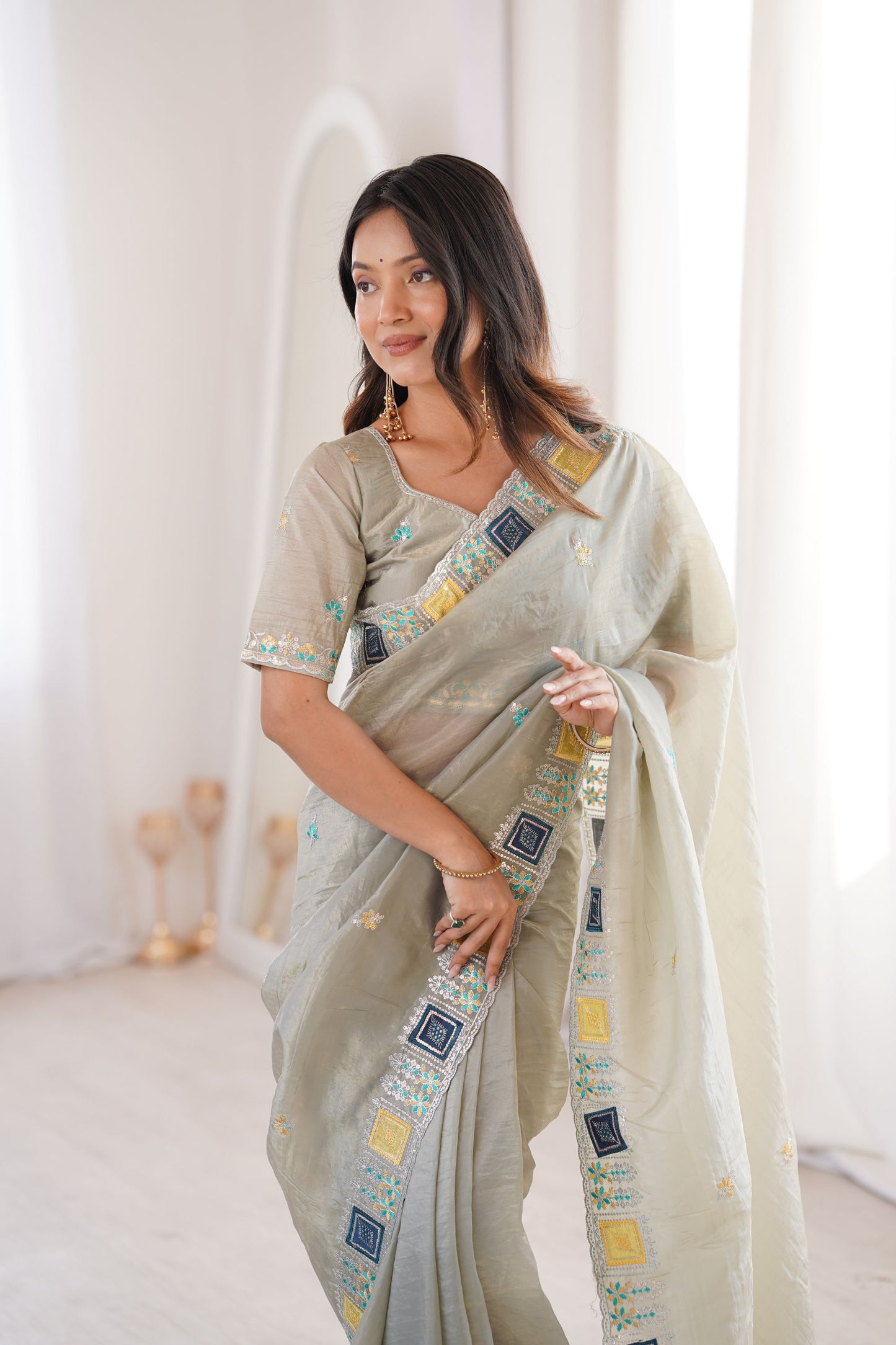 Olive Green Embroidered Saree Party Wear Saree Designer Border