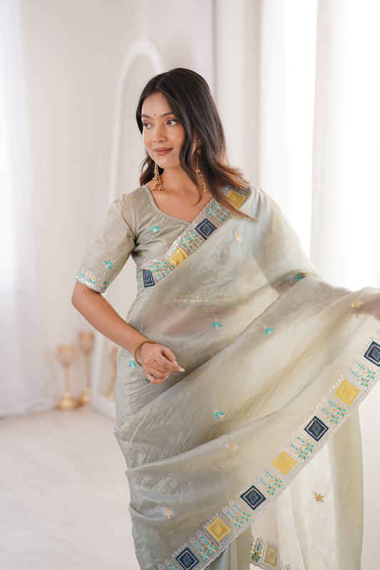 Olive Green Embroidered Saree Party Wear Saree Designer Border