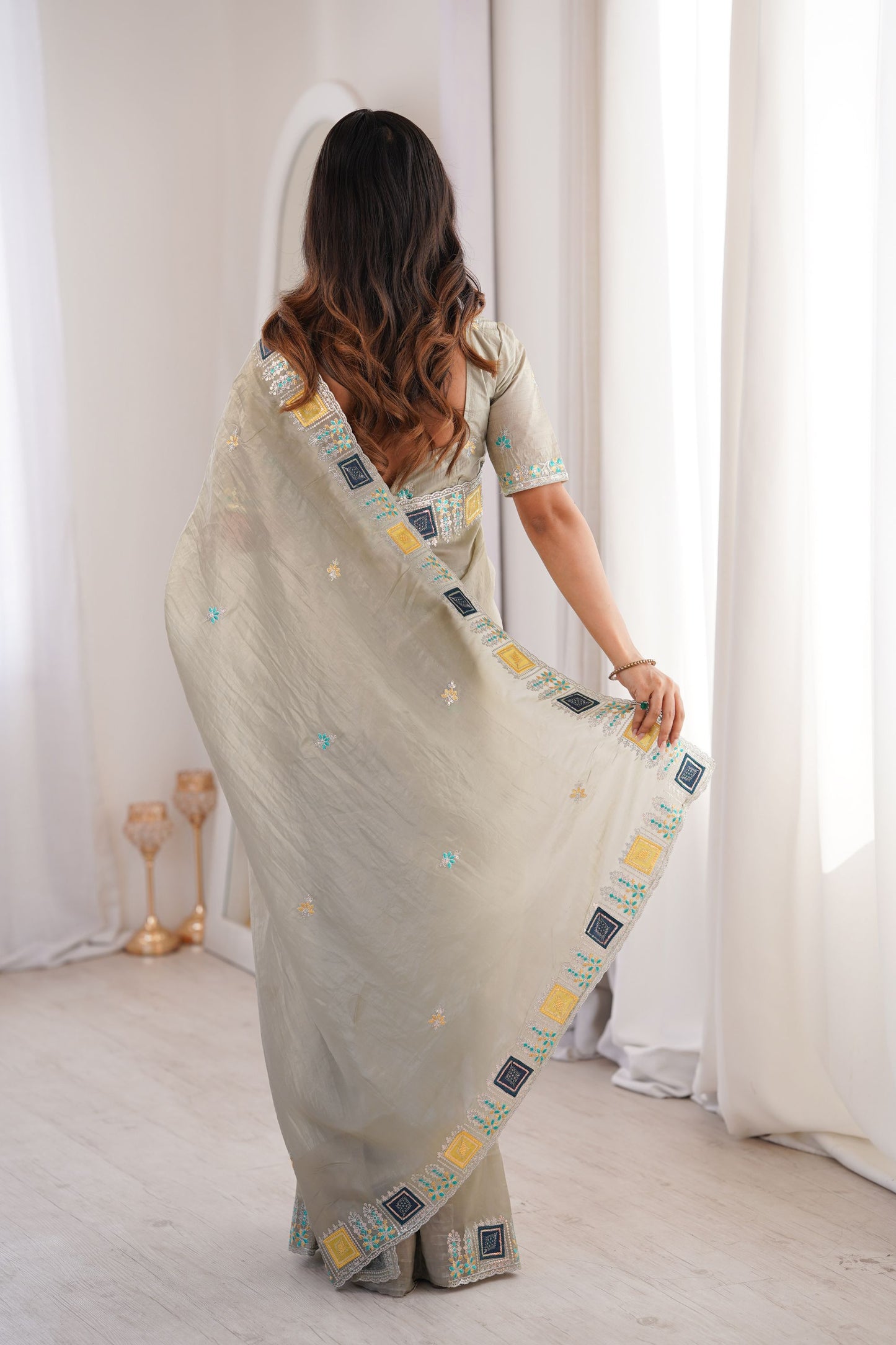 Olive Green Embroidered Saree Party Wear Saree Designer Border