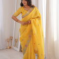 Bright Yellow Embroidered Saree Soft Wear Saree with Elegant Border