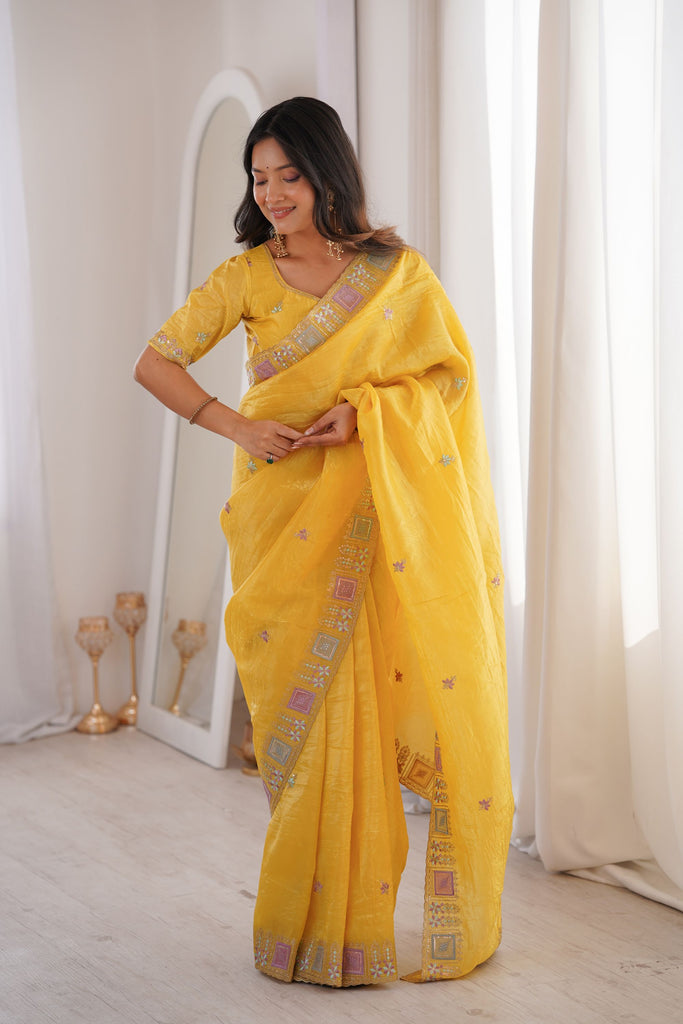Bright Yellow Embroidered Saree Soft Wear Saree with Elegant Border