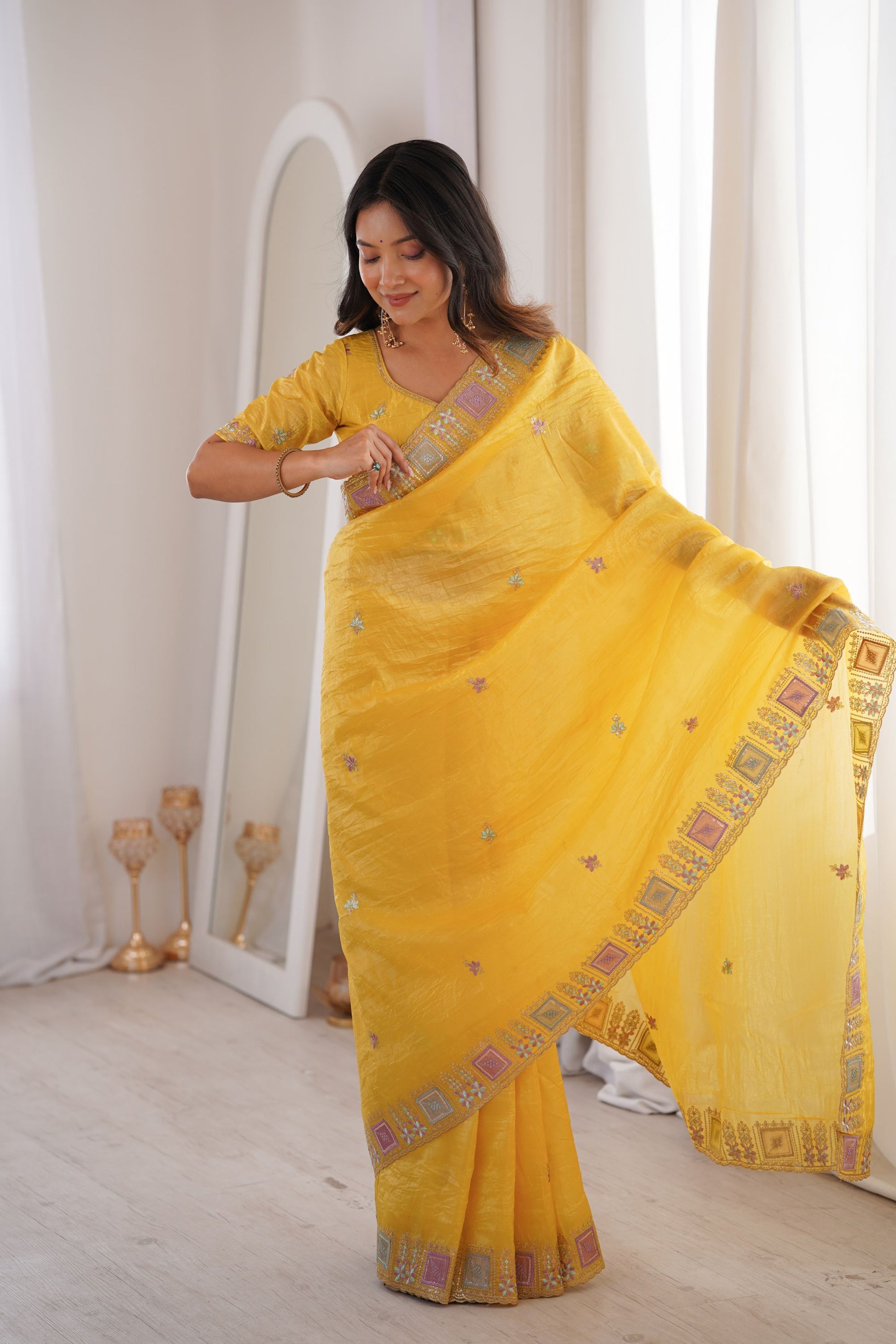 Bright Yellow Embroidered Saree Soft Wear Saree with Elegant Border