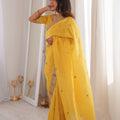 Bright Yellow Embroidered Saree Soft Wear Saree with Elegant Border