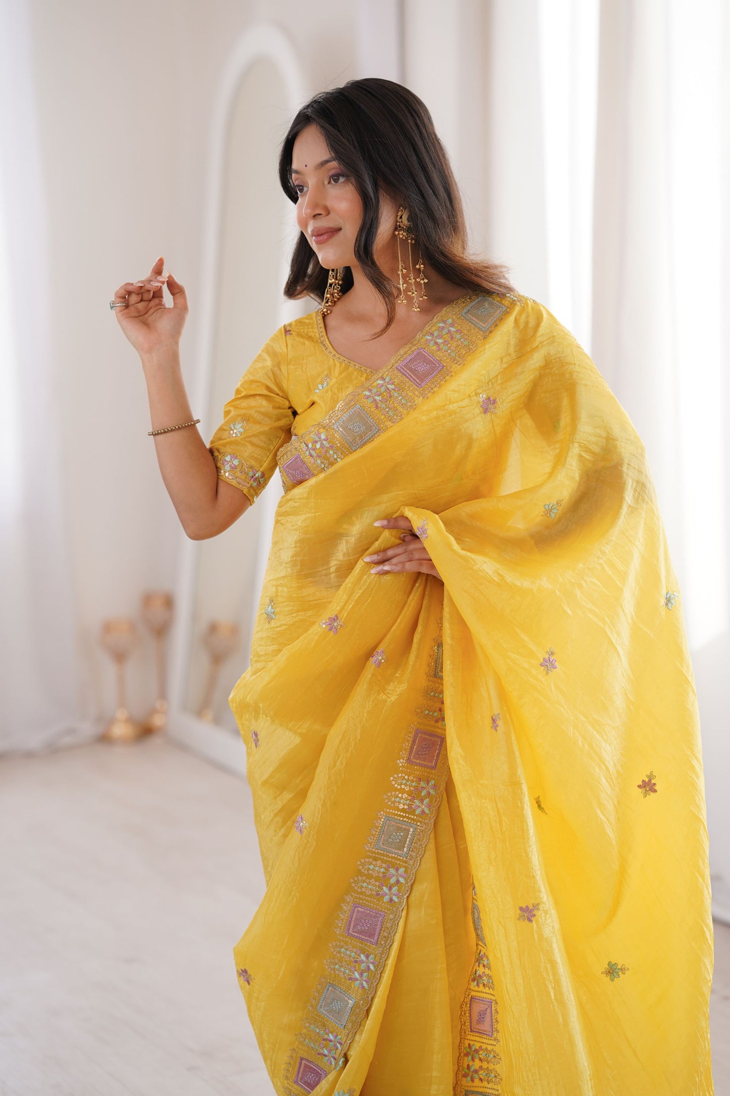 Bright Yellow Embroidered Saree Soft Wear Saree with Elegant Border
