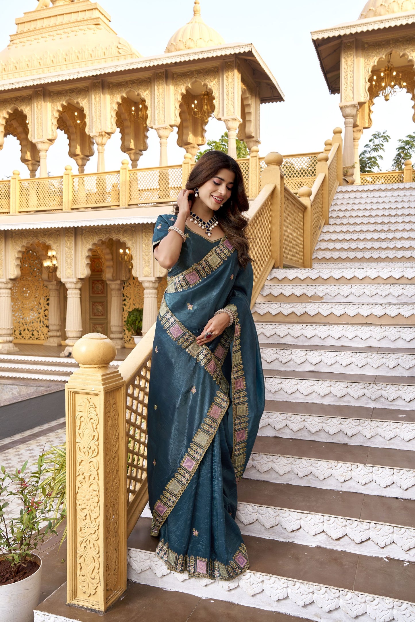 Teal Blue Embroidered Saree Saree Rich Designer Border