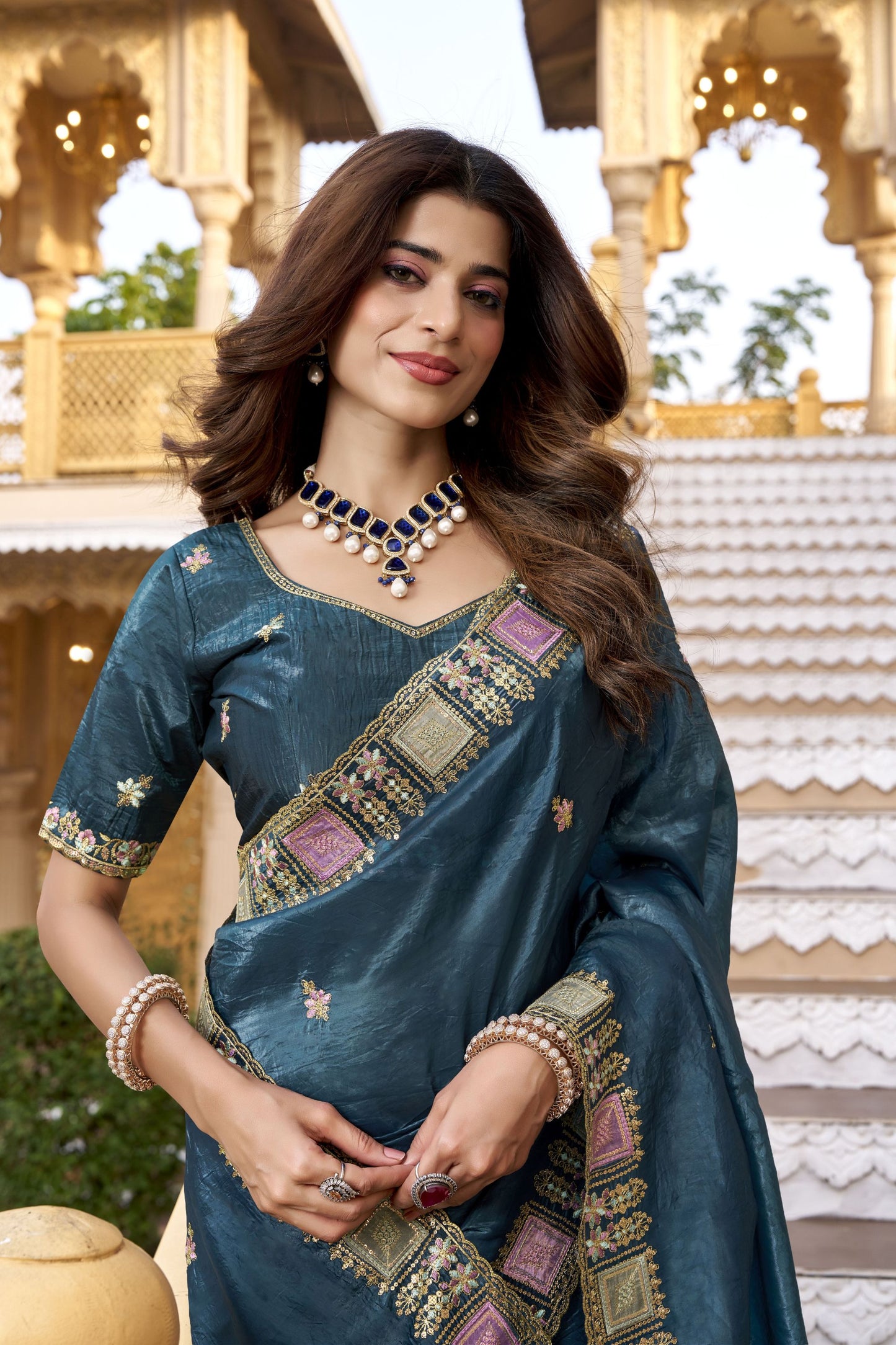 Teal Blue Embroidered Saree Saree Rich Designer Border