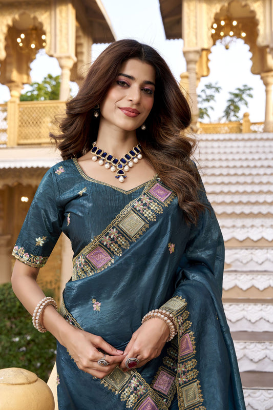 Teal Blue Embroidered Saree Saree Rich Designer Border