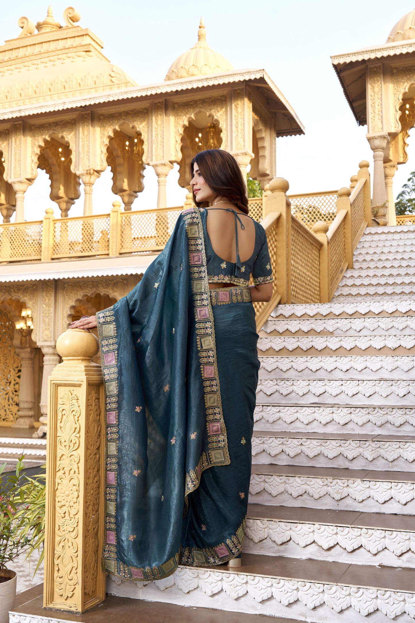 Teal Blue Embroidered Saree Saree Rich Designer Border
