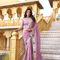 Pink Organza Saree Multicolor Embroidered Border Designer Party Wear