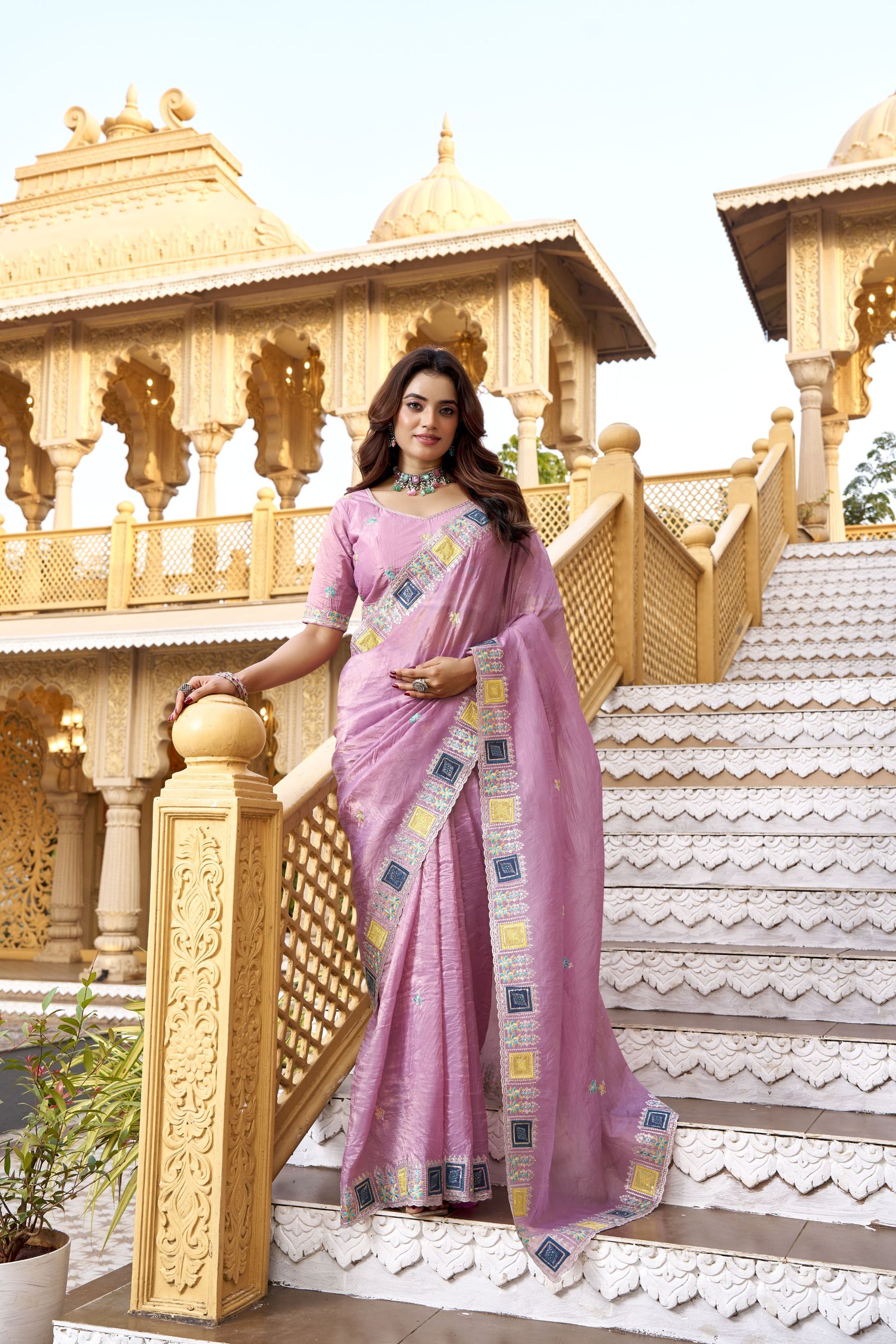Pink Organza Saree Multicolor Embroidered Border Designer Party Wear