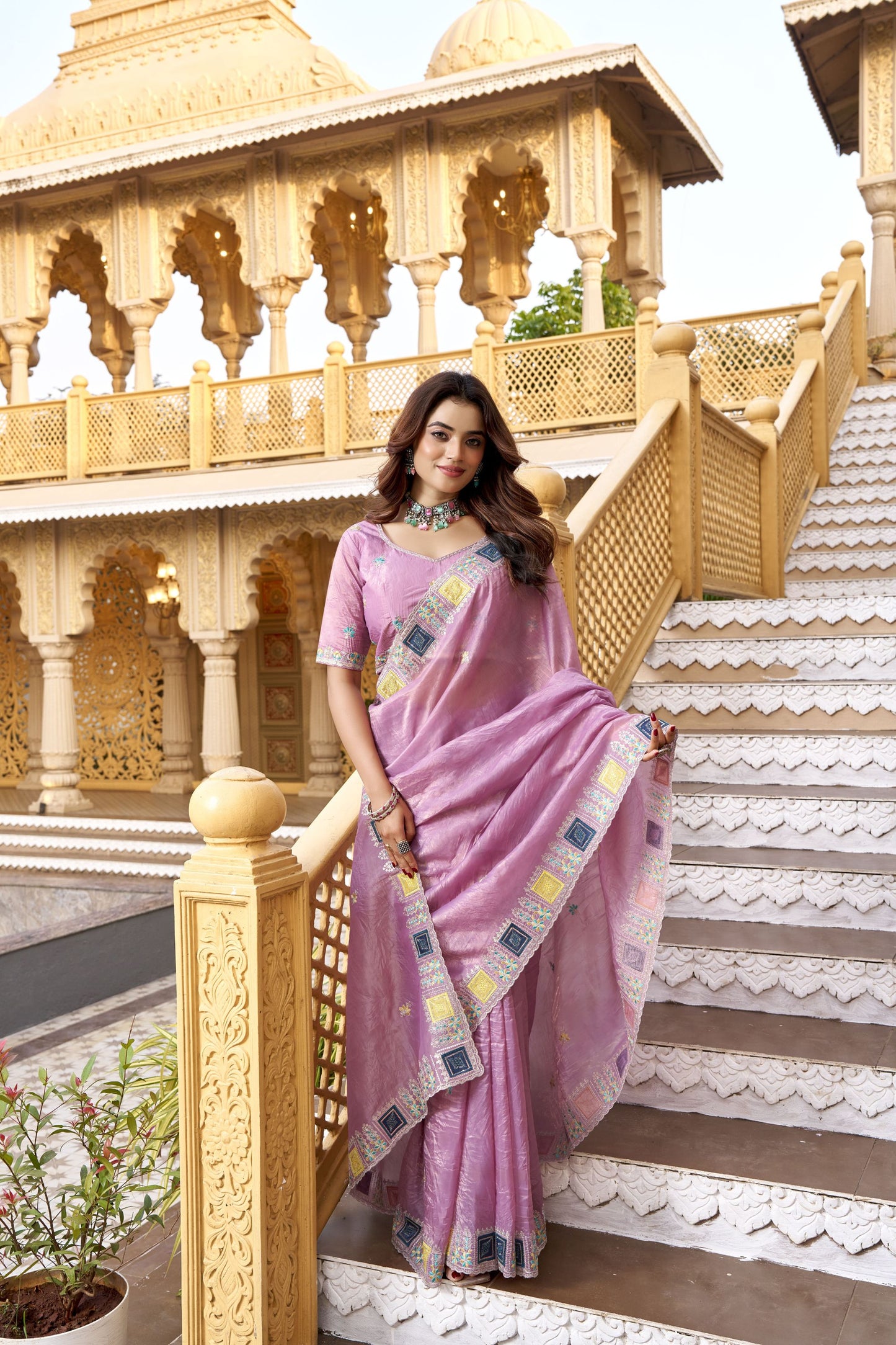 Pink Organza Saree Multicolor Embroidered Border Designer Party Wear