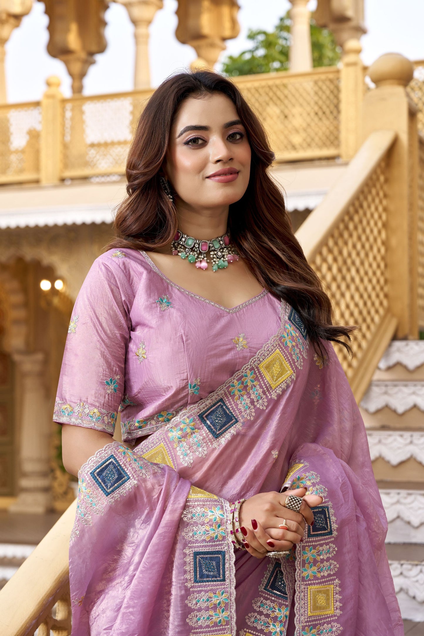 Pink Organza Saree Multicolor Embroidered Border Designer Party Wear
