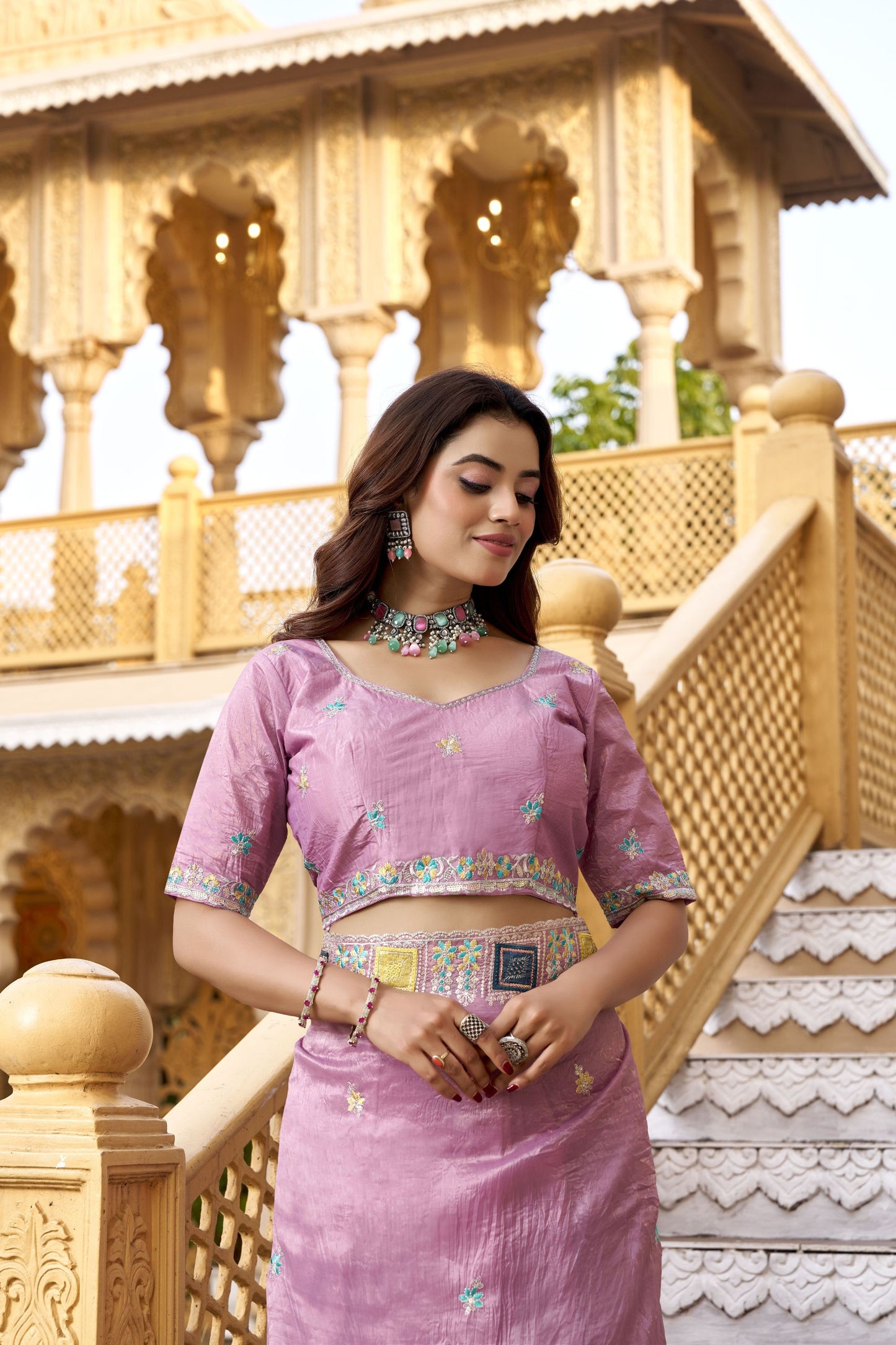 Pink Organza Saree Multicolor Embroidered Border Designer Party Wear