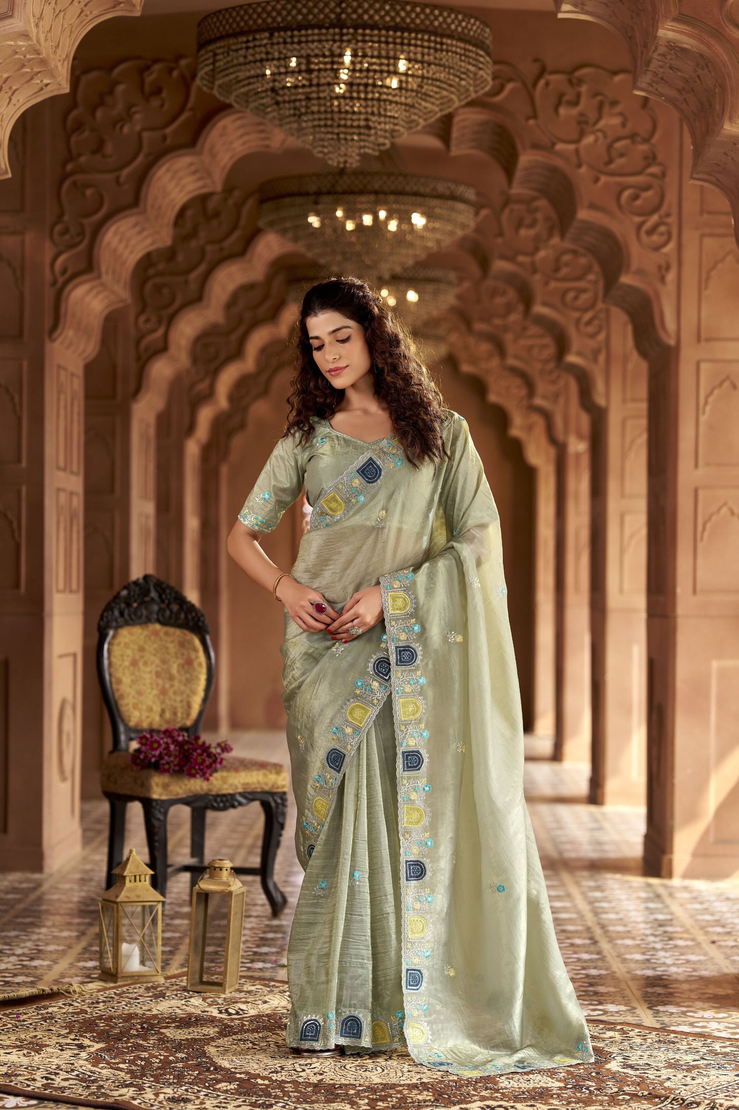 Olive Green Organza Saree Multicolor Embroidered Border