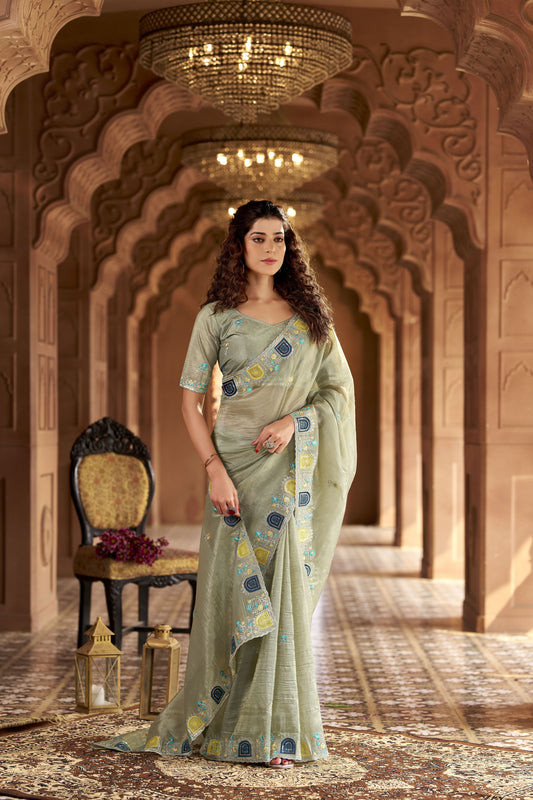 Olive Green Organza Saree Multicolor Embroidered Border