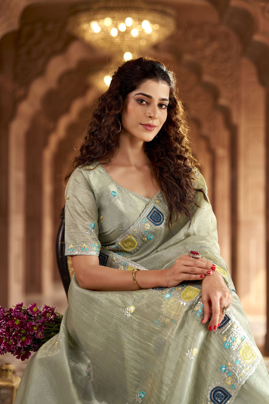 Olive Green Organza Saree Multicolor Embroidered Border