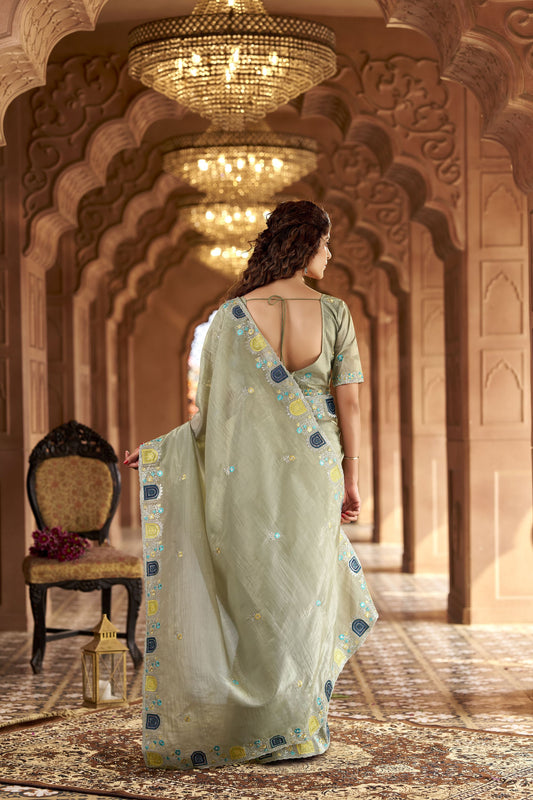 Olive Green Organza Saree Multicolor Embroidered Border