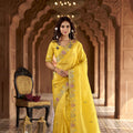 Bright Yellow Organza Saree Multicolor Embroidered Border