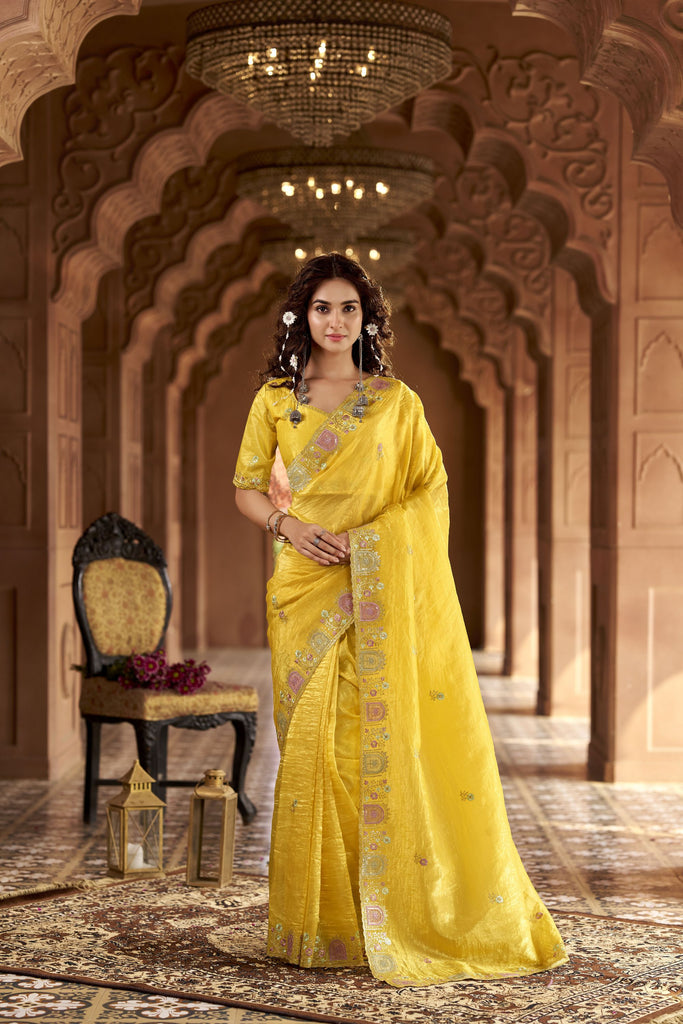 Bright Yellow Organza Saree Multicolor Embroidered Border