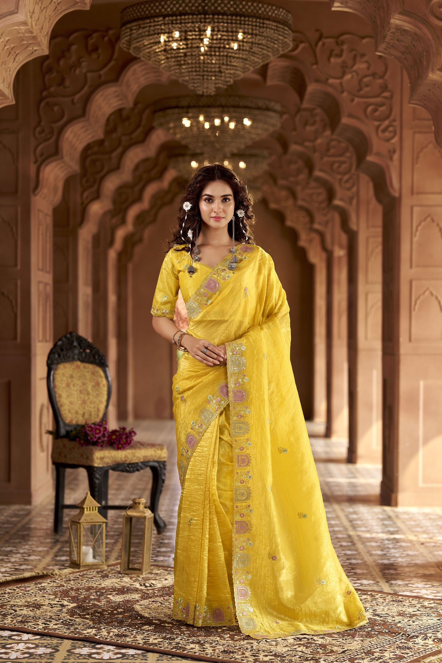 Bright Yellow Organza Saree Multicolor Embroidered Border