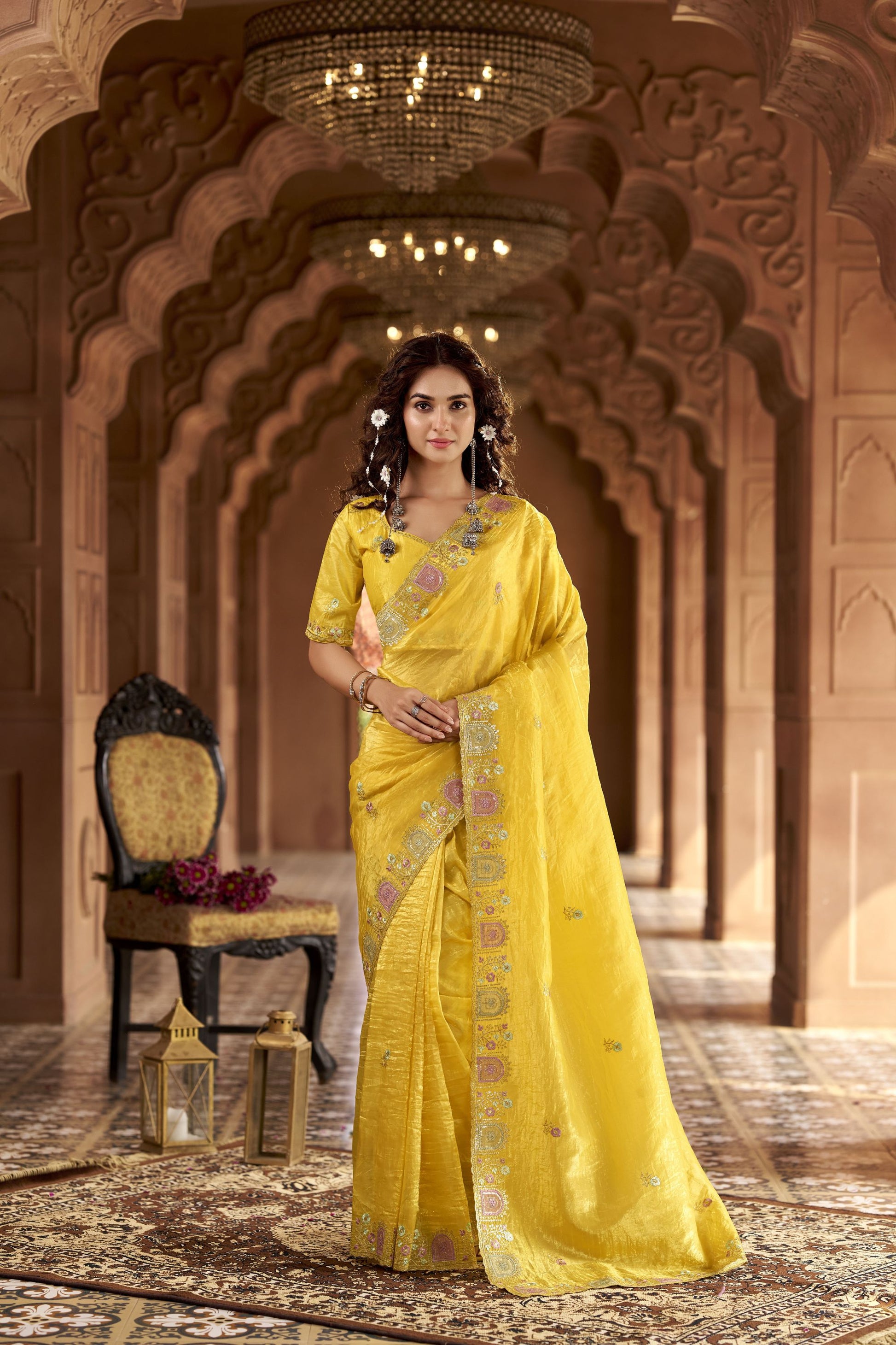 Bright Yellow Organza Saree Multicolor Embroidered Border