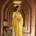 Bright Yellow Organza Saree Multicolor Embroidered Border
