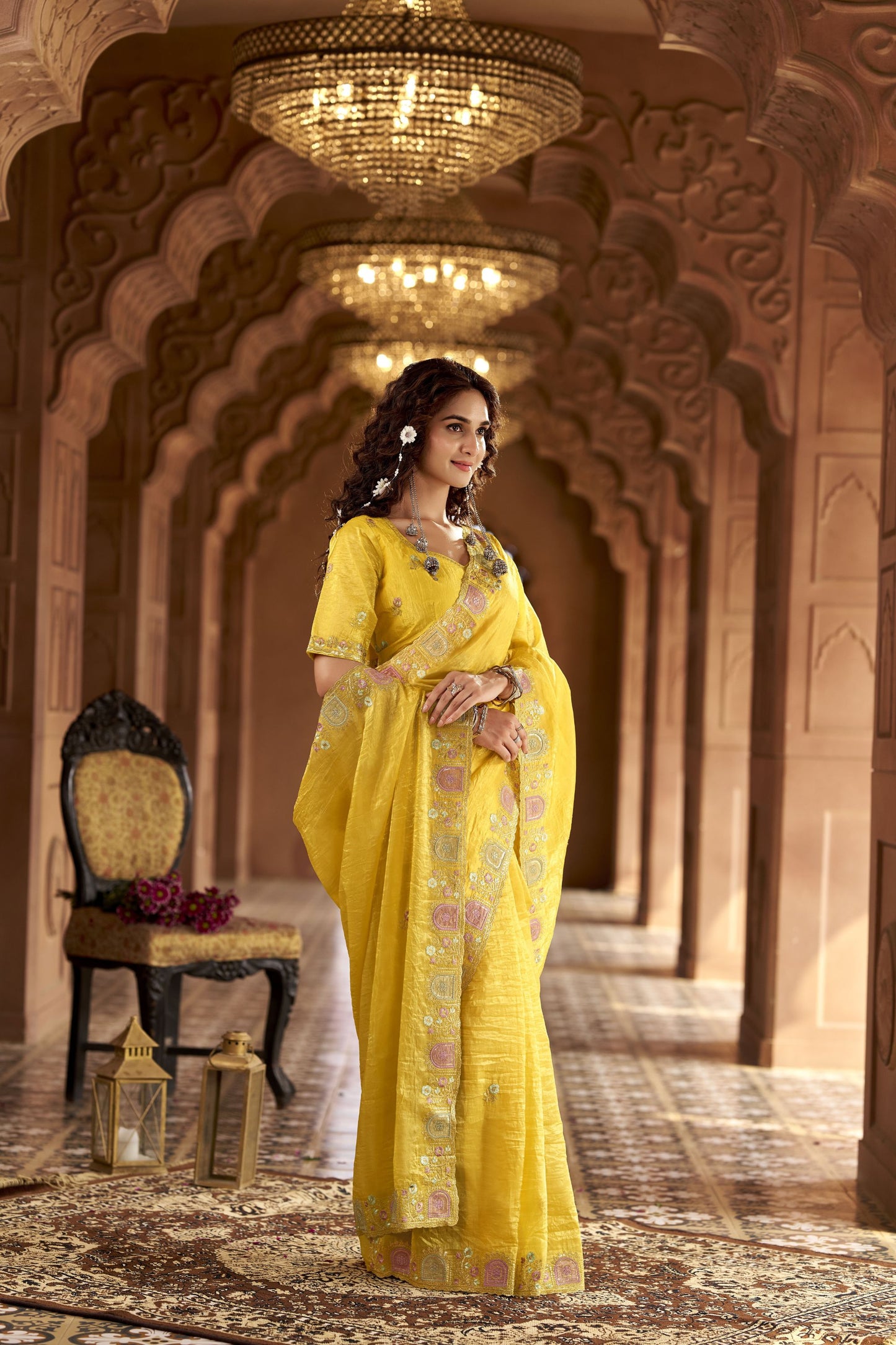 Bright Yellow Organza Saree Multicolor Embroidered Border