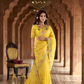 Bright Yellow Organza Saree Multicolor Embroidered Border