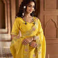 Bright Yellow Organza Saree Multicolor Embroidered Border